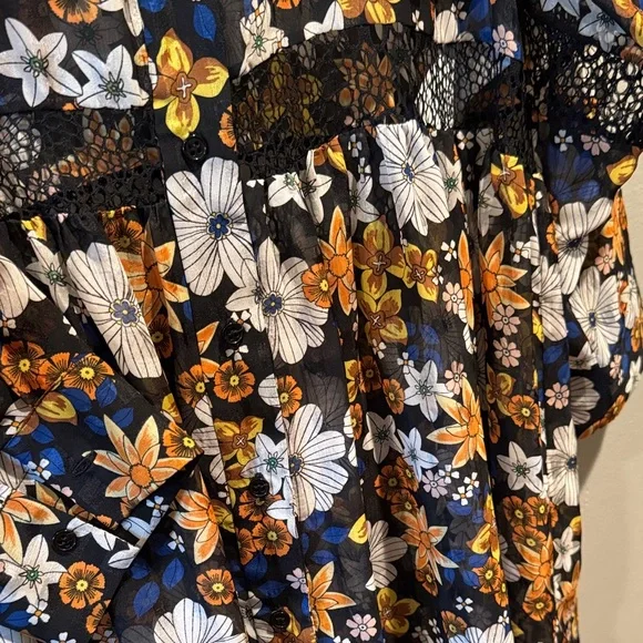 Sandro Paris Reyes Floral Button-Front Sheer Smock Dress in Black & Mustard - Picture 6 of 16